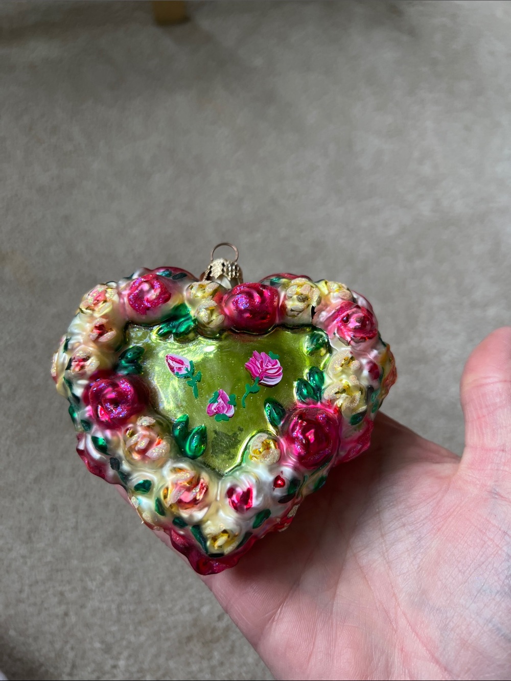 Christopher Radko Heart-Shaped Floral Glass Ornament in Yellow, Pink and Green